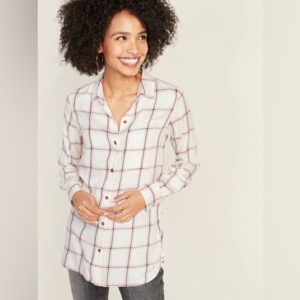 NWT Old Navy Plaid Drapey Flannel Tunic Shirt Women Size XS White Pink Burgundy